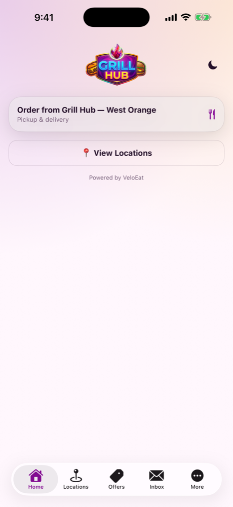 Grill Hub custom restaurant app home screen
