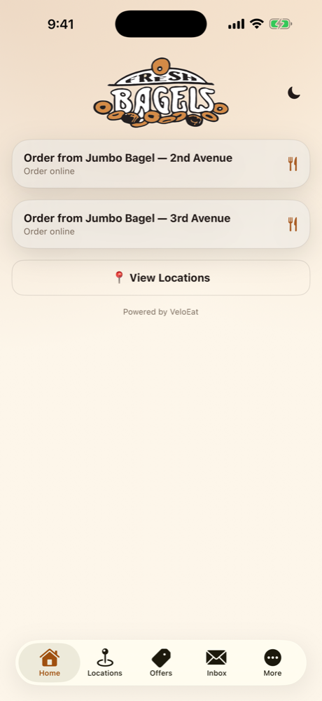 Jumbo Bagel custom restaurant app home screen