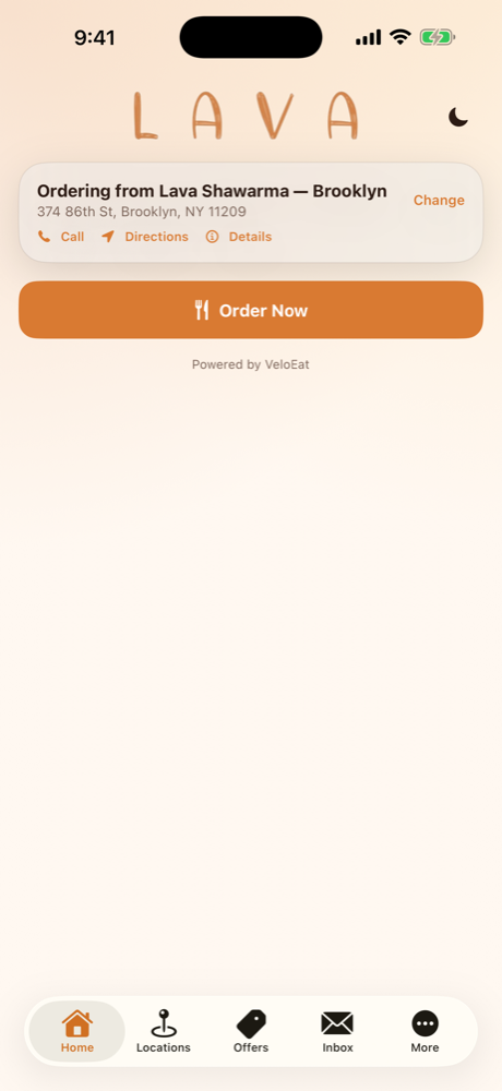 Lava Shawarma custom restaurant app home screen