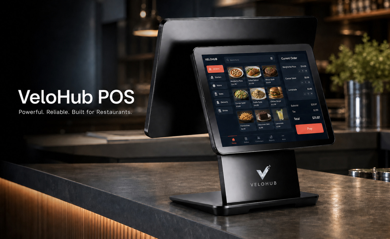VeloHub dual-screen restaurant point of sale on a counter