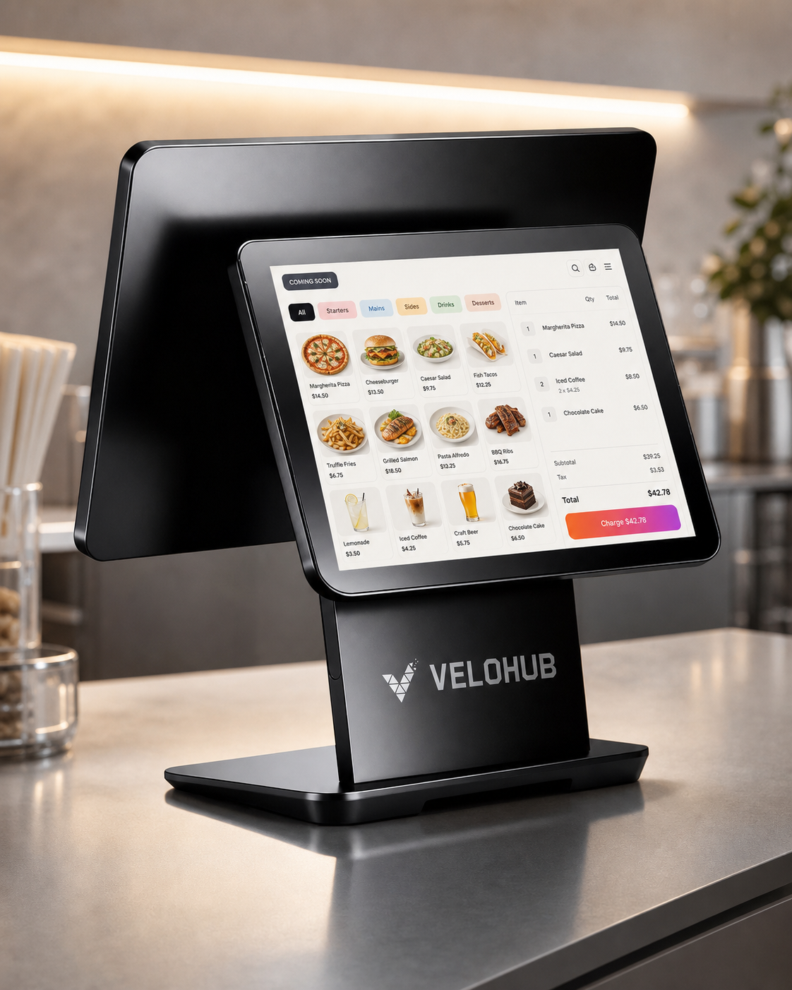 VeloHub POS dual-screen aluminum terminal preview