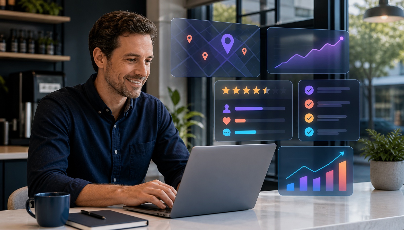 Business owner reviewing VeloSEO growth insights